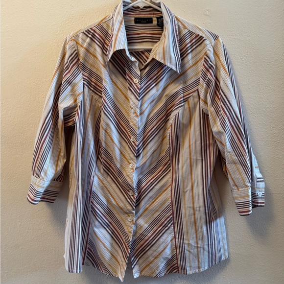 Apostrophe Tops - Apostrophe Plus Size 16/18W Striped Button Down Blouse Mustard Brown